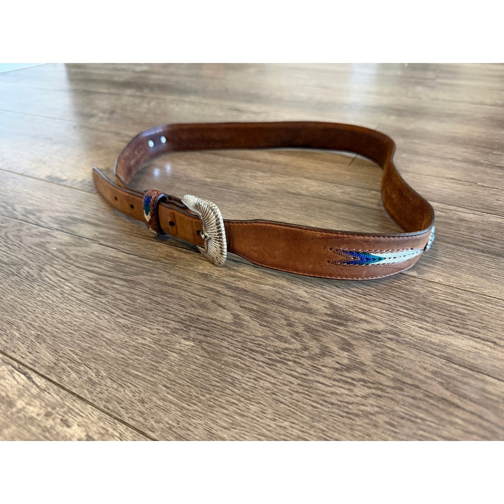 Tony Lama Mens 36 Brown Leather Western Concho Embroidered Belt 7699L USA